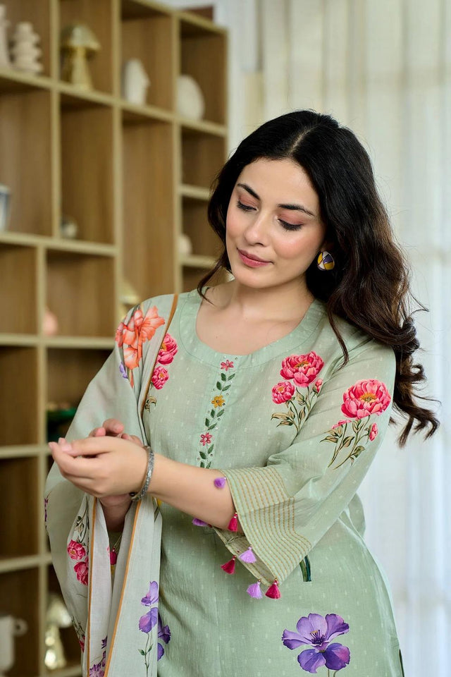 Green Floral Printed Chanderi Kurti Pant Set (ACA6865)