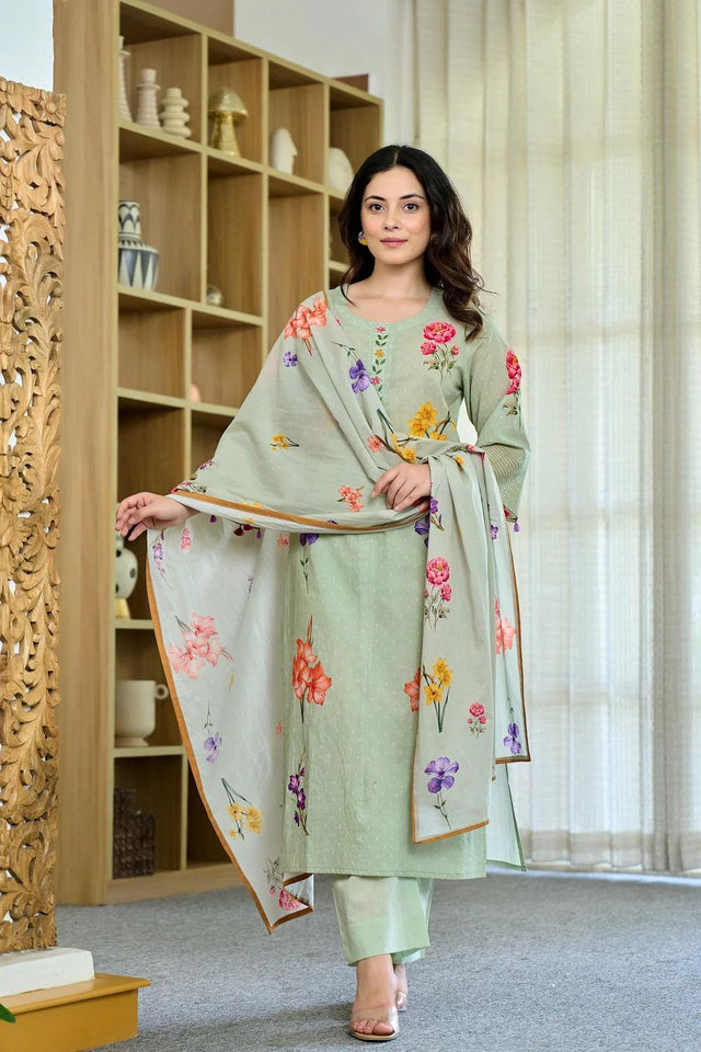 Green Floral Printed Chanderi Kurti Pant Set (ACA6865)