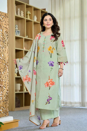 Green Floral Printed Chanderi Kurti Pant Set (ACA6865)