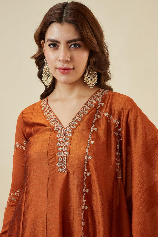 Orange Floral Embroidered Silk Anarkali Suits (ACA6866)