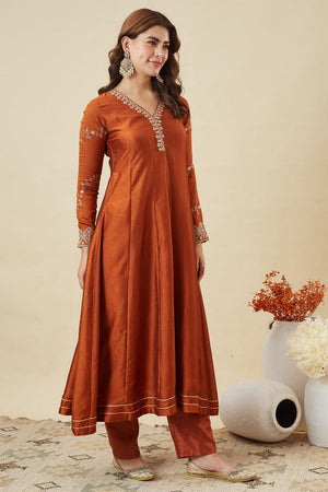 Orange Floral Embroidered Silk Anarkali Suits (ACA6866)