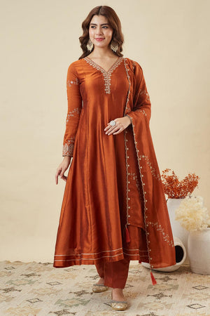 Orange Floral Embroidered Silk Anarkali Suits (ACA6866)