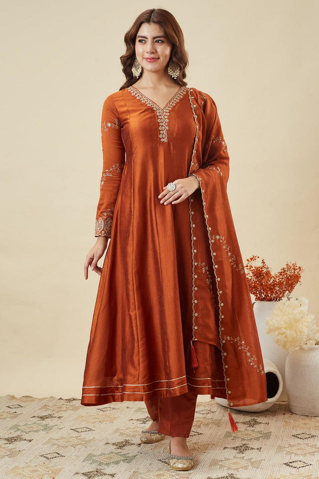 Orange Floral Embroidered Silk Anarkali Suits (ACA6866)