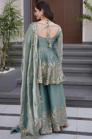 Blue Floral Sequin Silk Palazzo Suits (ACA6867)