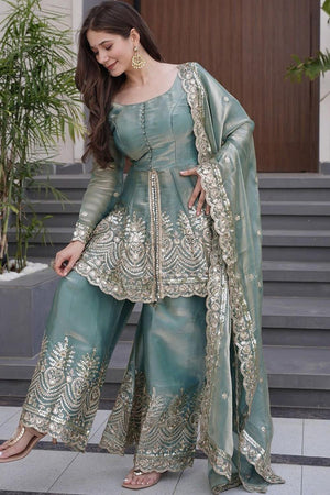 Blue Floral Sequin Silk Palazzo Suits (ACA6867)