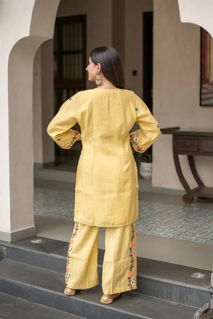 Yellow Floral Embroidered Crepe Palazzo Suits (ACA6868)