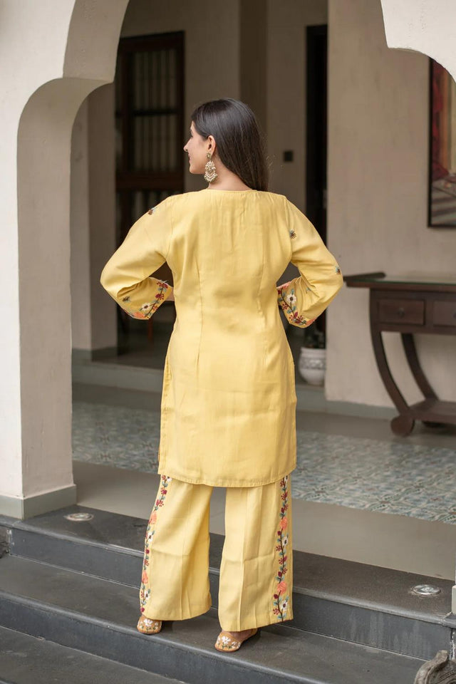Yellow Floral Embroidered Crepe Palazzo Suits (ACA6868)