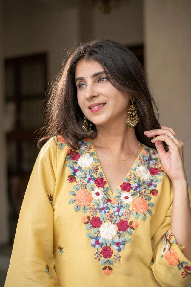 Yellow Floral Embroidered Crepe Palazzo Suits (ACA6868)