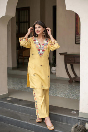 Yellow Floral Embroidered Crepe Palazzo Suits (ACA6868)