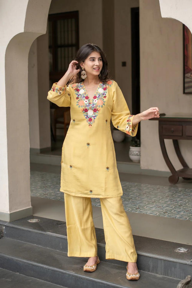Yellow Floral Embroidered Crepe Palazzo Suits (ACA6868)