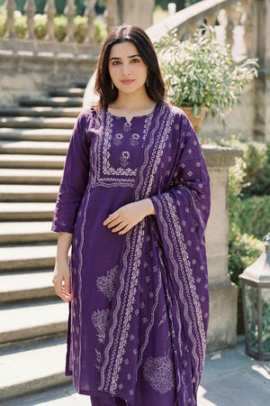 Violet Floral Printed Muslin Kurti Pant Set (ACA6869)