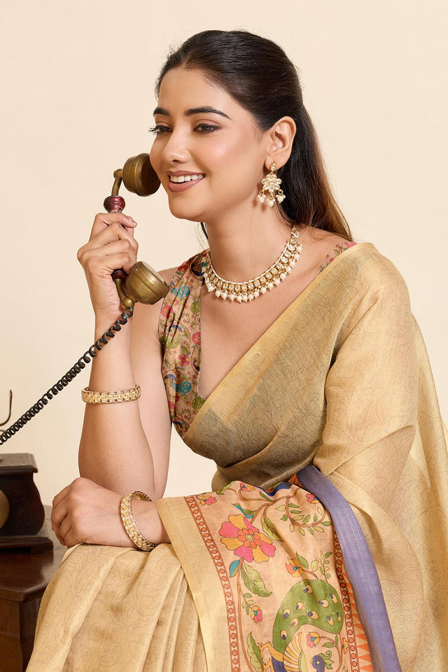 Beige Woven Linen Saree (ACA6874)