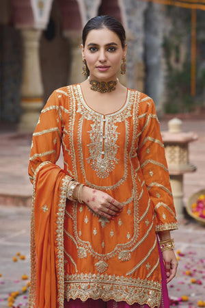 Orange Sequin with Embroidered Pink Sharara Suit Set (ACA6887)