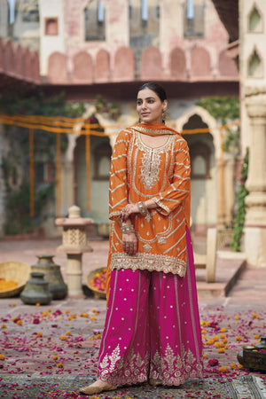 Orange Sequin with Embroidered Pink Sharara Suit Set (ACA6887)