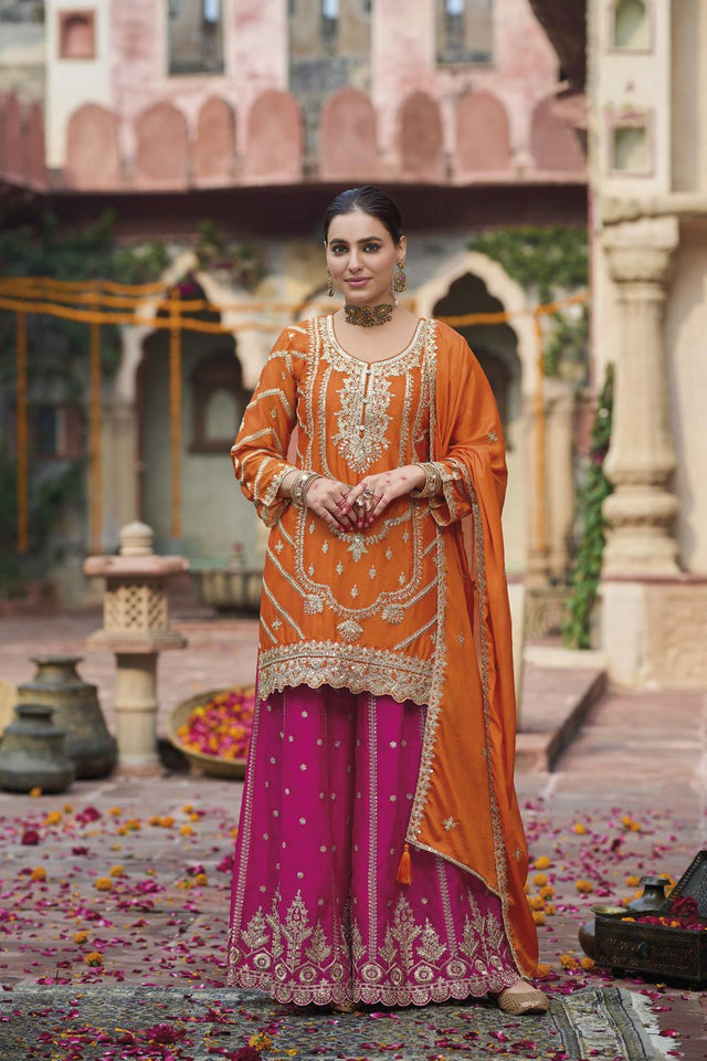 Orange Sequin with Embroidered Pink Sharara Suit Set (ACA6887)
