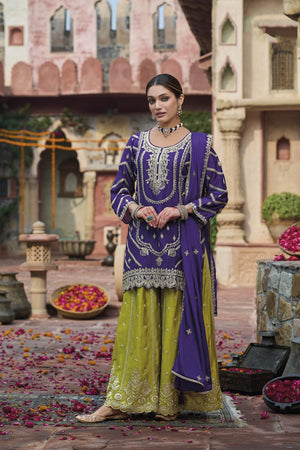 Purple Sequin with Embroidered Mustard Sharara Suit Set (ACA6888)