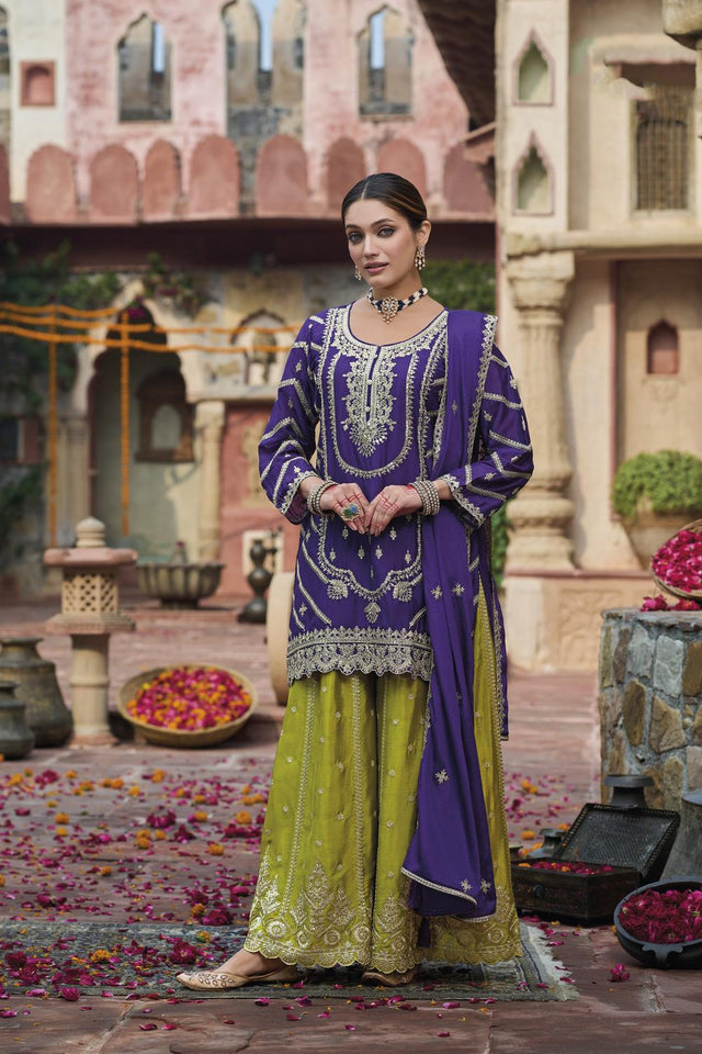 Purple Sequin with Embroidered Mustard Sharara Suit Set (ACA6888)