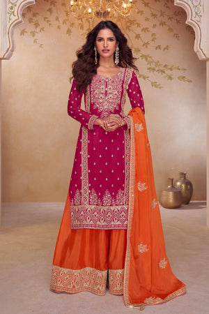 Free Size Stitched Magenta Sequin with Embroidered Orange Sharara Suit Set (ACA6889)