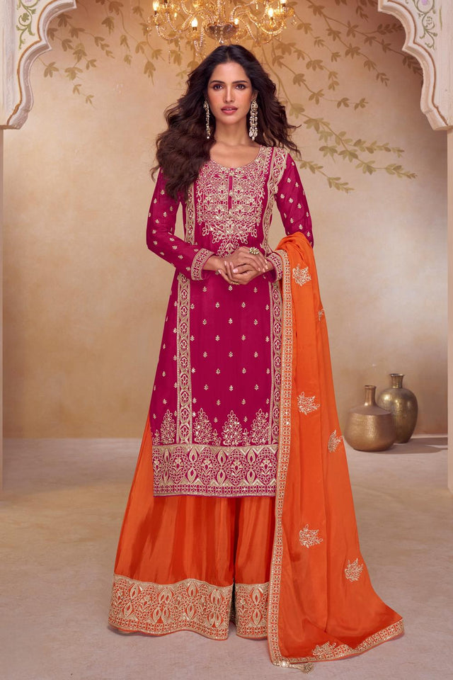 Free Size Stitched Magenta Sequin with Embroidered Orange Sharara Suit Set (ACA6889)
