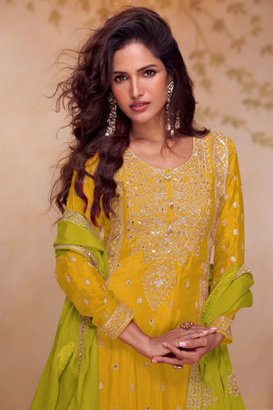 Free Size Stitched Yellow Sequin with Embroidered Green Sharara Suit Set (ACA6890)