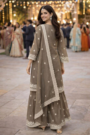 Free Size Stitched Grey Floral Embroidered  Sharara Suit Set (ACA6892)