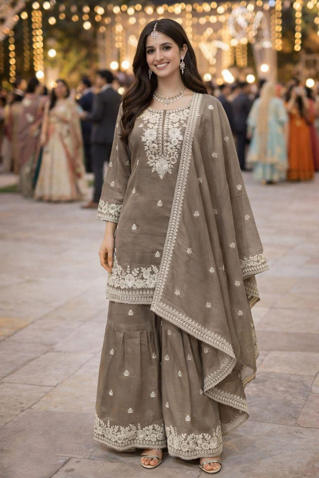 Free Size Stitched Grey Floral Embroidered  Sharara Suit Set (ACA6892)