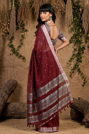 Maroon Woven Linen Saree (ACA6893)