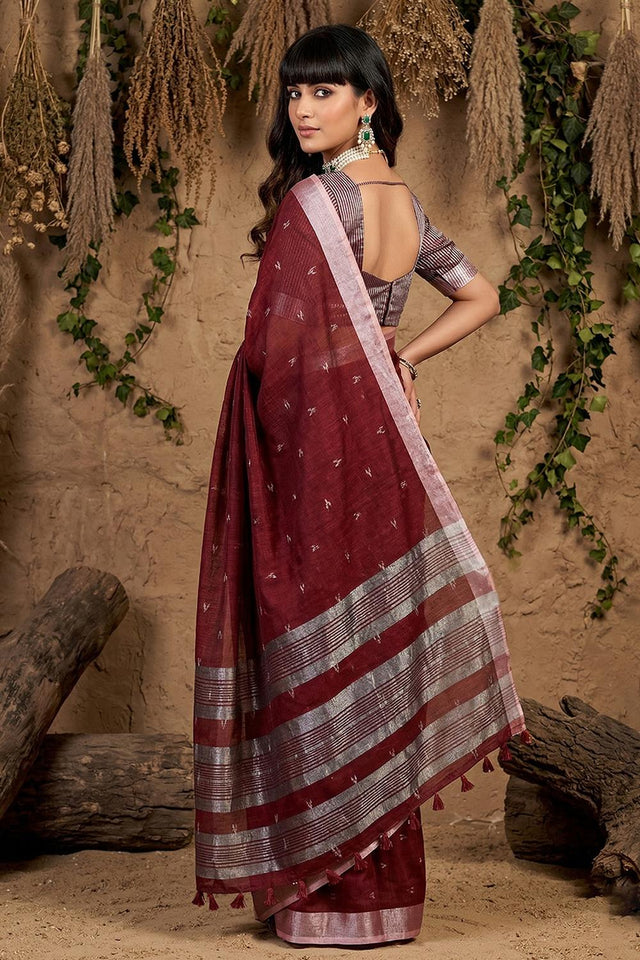 Maroon Woven Linen Saree (ACA6893)