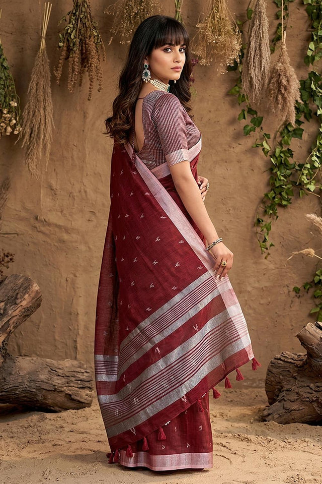 Maroon Woven Linen Saree (ACA6893)