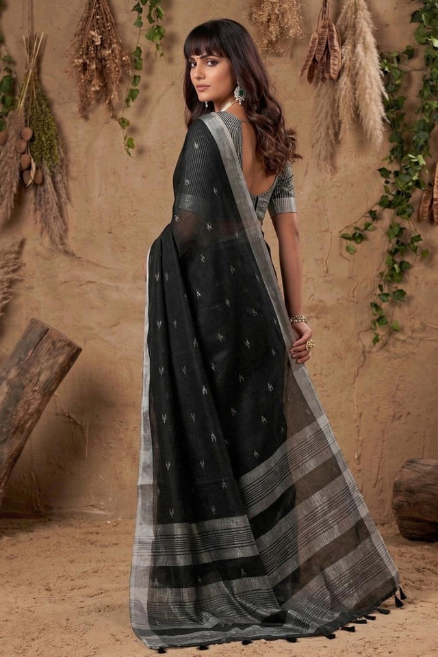 Black Woven Linen Saree (ACA6894)