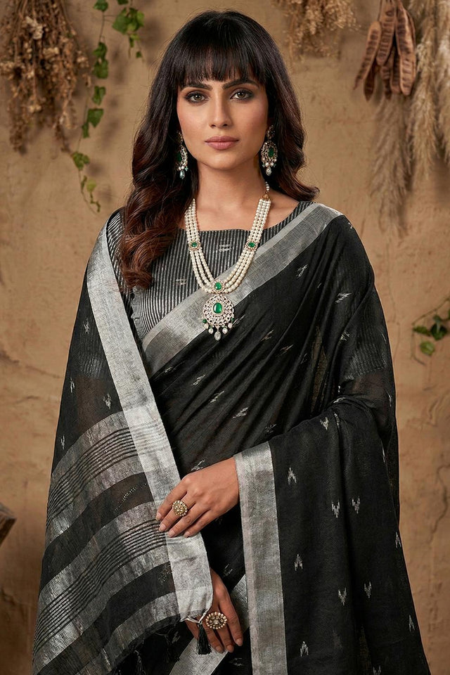 Black Woven Linen Saree (ACA6894)