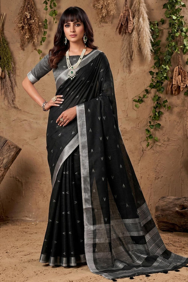 Black Woven Linen Saree (ACA6894)