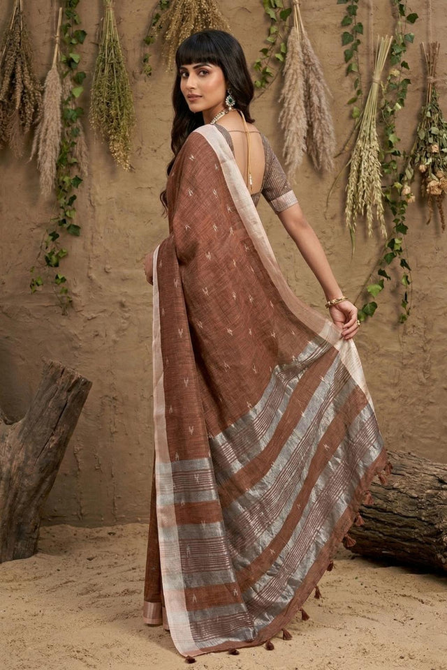 Brown Woven Linen Saree (ACA6895)