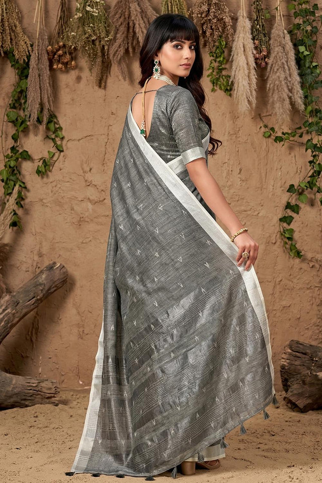 Grey Woven Linen Saree (ACA6896)