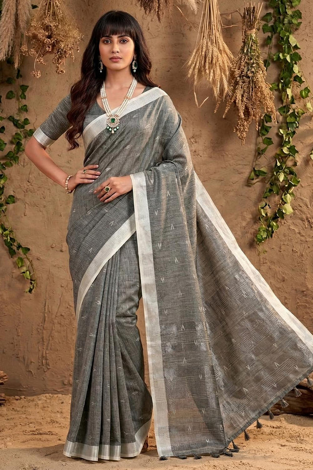 Grey Woven Linen Saree (ACA6896)