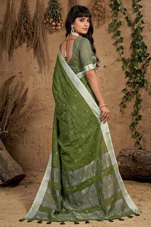 Green Woven Linen Saree (ACA6898)