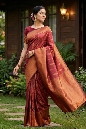 Maroon Woven Silk Blend Saree (ACA6902)