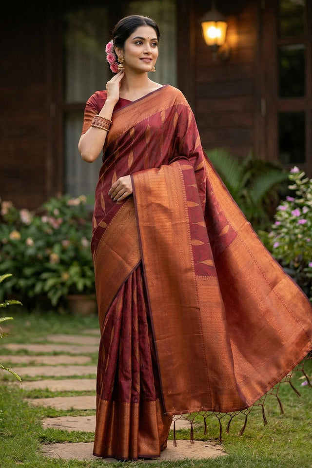 Maroon Woven Silk Blend Saree (ACA6902)