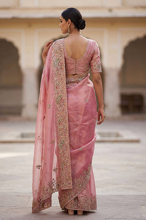 Pink Sequin & Stone Embellished Silk Saree (ACA6923)