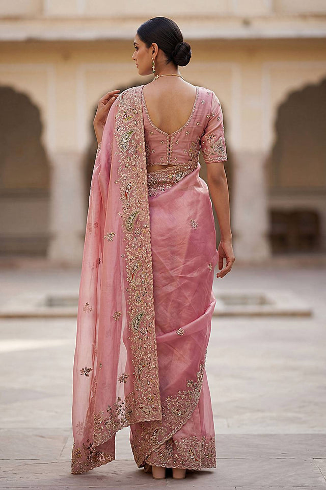 Pink Sequin & Stone Embellished Silk Saree (ACA6923)