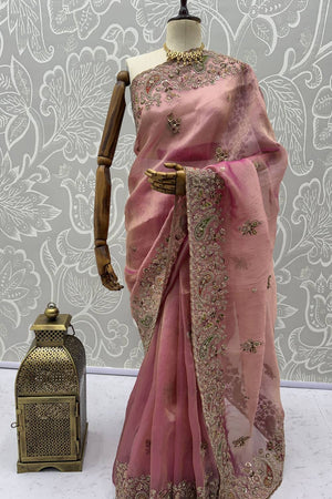 Pink Sequin & Stone Embellished Silk Saree (ACA6923)