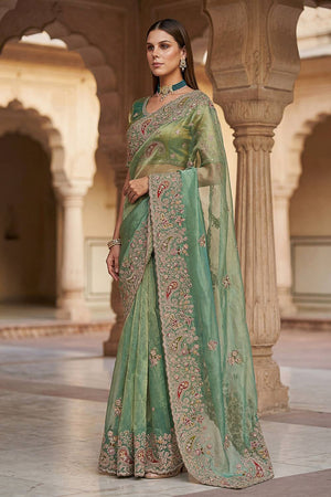 Sea Green Sequin & Stone Embellished Silk Saree (ACA6924)
