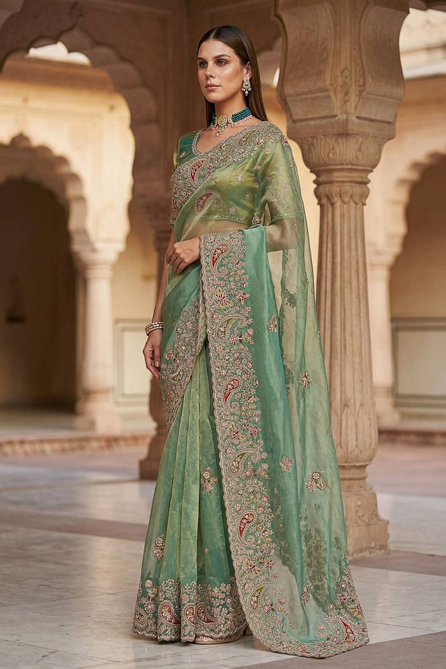 Sea Green Sequin & Stone Embellished Silk Saree (ACA6924)