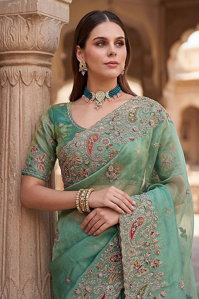 Sea Green Sequin & Stone Embellished Silk Saree (ACA6924)