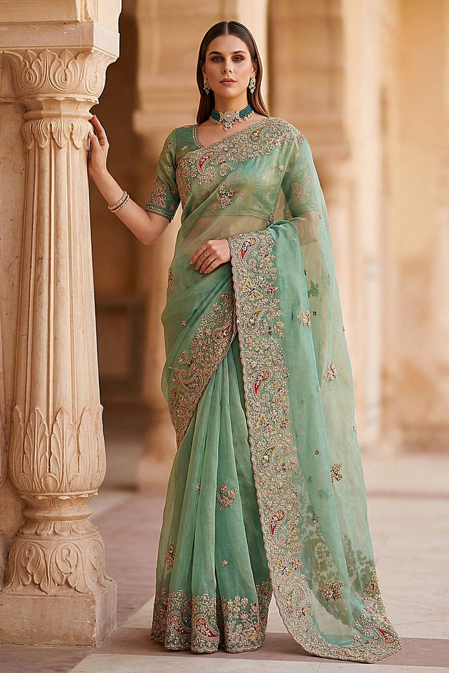 Sea Green Sequin & Stone Embellished Silk Saree (ACA6924)