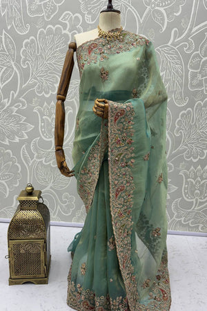 Sea Green Sequin & Stone Embellished Silk Saree (ACA6924)