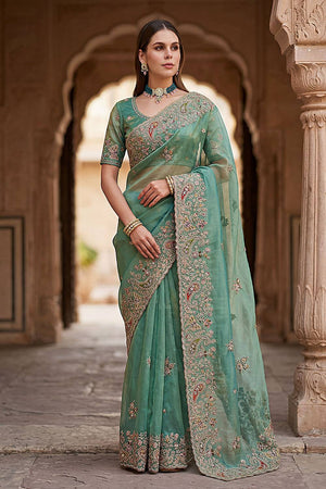 Sea Green Sequin & Stone Embellished Silk Saree (ACA6924)