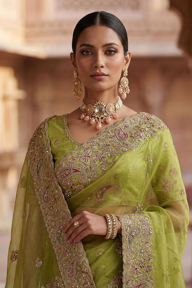 Green Sequin & Stone Embellished Silk Saree (ACA6926)