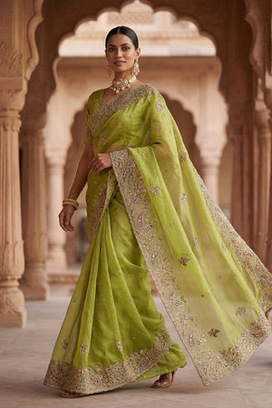 Green Sequin & Stone Embellished Silk Saree (ACA6926)