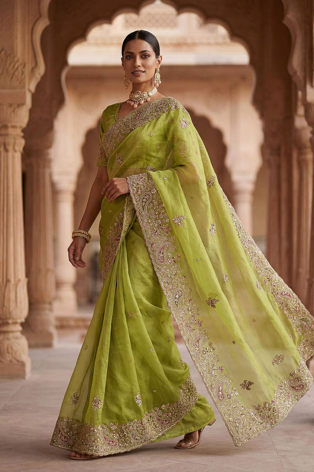 Green Sequin & Stone Embellished Silk Saree (ACA6926)